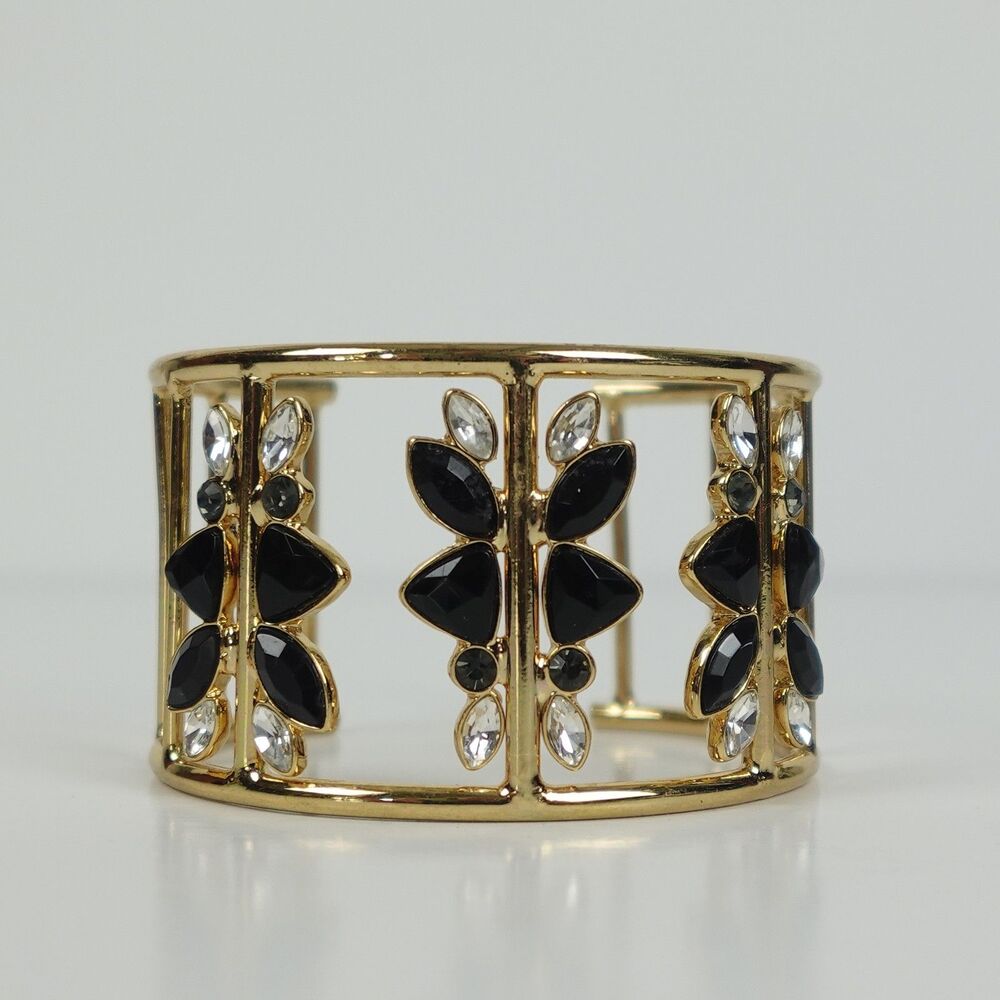 Elegant Gold Tone Wide Cuff Bracelet Black & Clear Faceted Stones Fashion